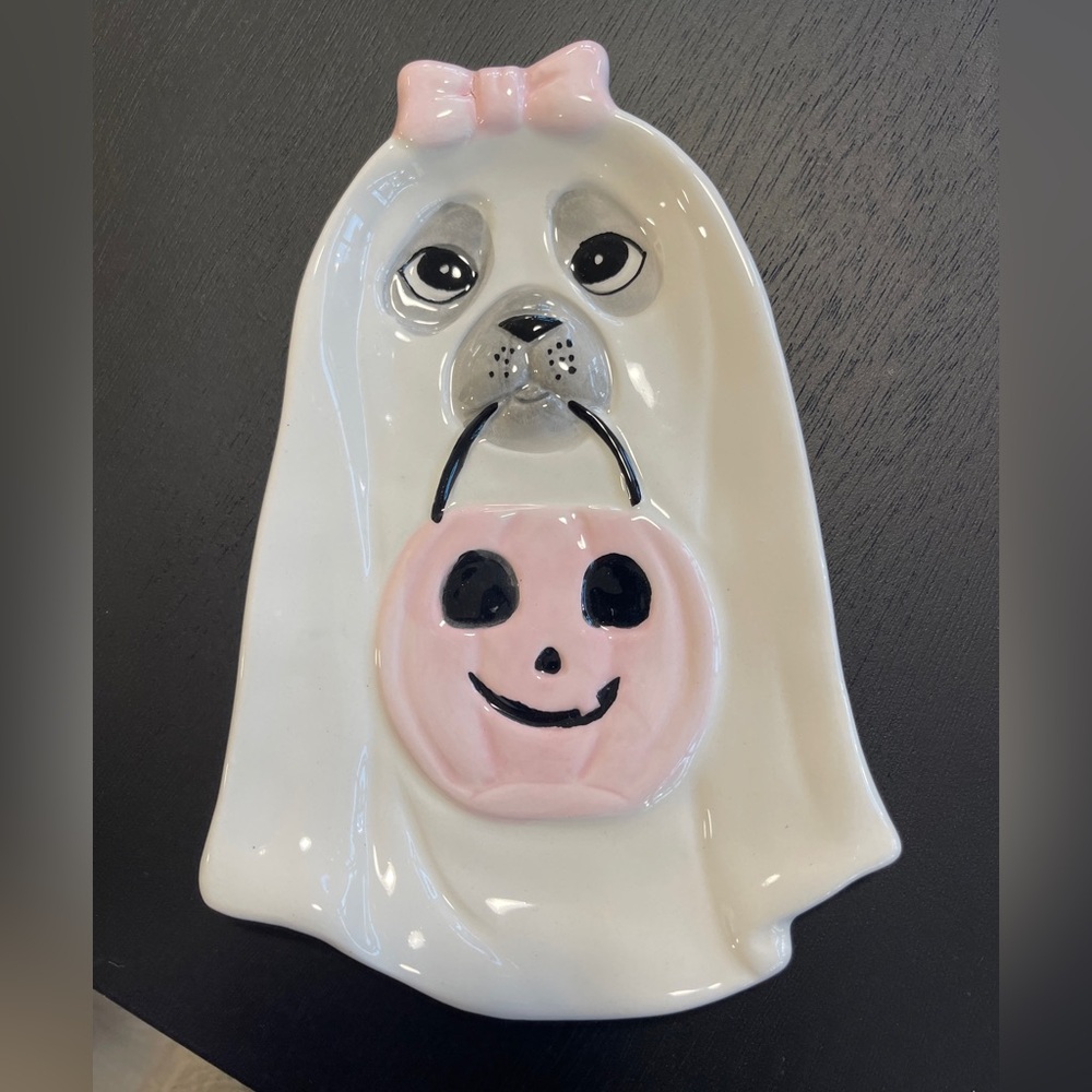 Pink Halloween Ghost Dog w/ Pink Bow & Pink Pumpkin Ceramic Spoon rest Tray NWT